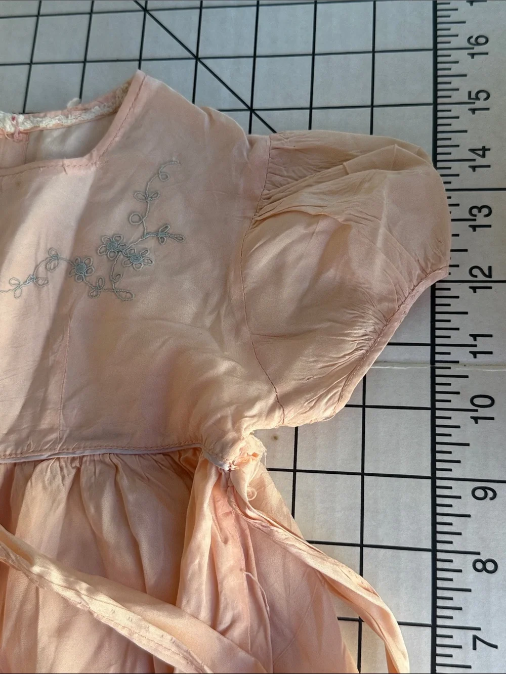 Antique 1920s Silk Child Dress Cutter Textile Peach Blue Embroidery Craft Doll F